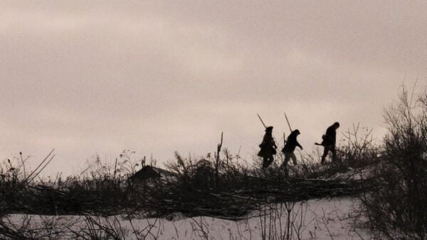 American Revolutionary soldiers march through the New Jersey countryside