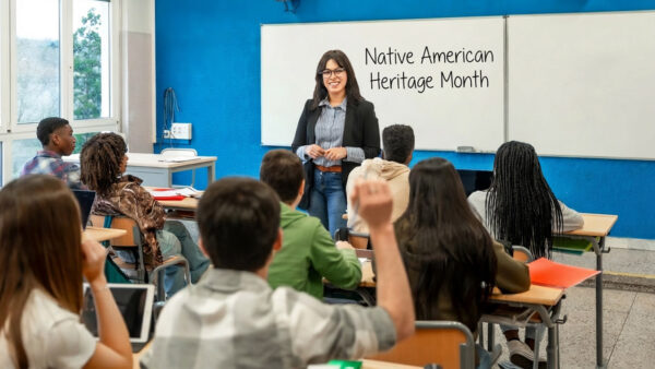 A teacher standing in front of a class with 