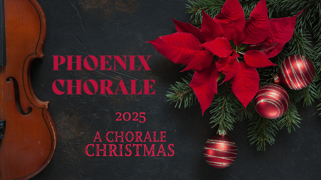 Phoenix Chorale graphic, showing a violin and wreath over a dark backdrop