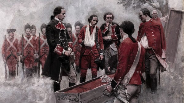 A painting depicting men in red uniforms gathered around a coffin in a solemn setting.