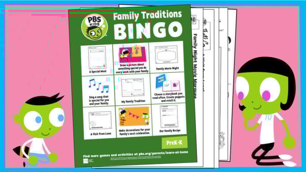 PBS Kids Family Traditions Bingo card with various activities like drawing, singing, and cooking