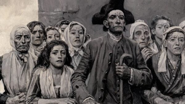 A painting with men and women gathered around each other