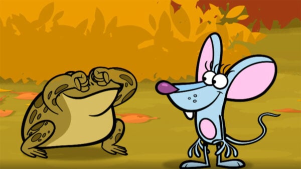 A mouse and a frog in a playful interaction