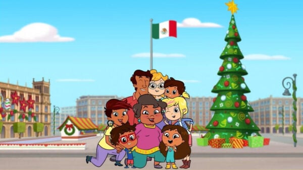 The characters from "Rosie's Rules" near a Christmas tree in Mexico