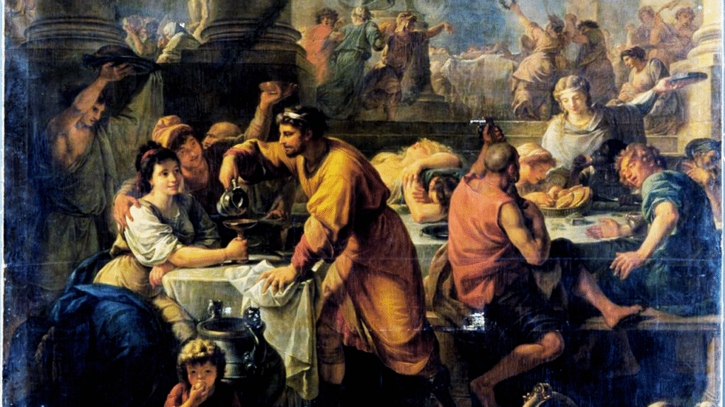 A painting of people surrounding a dinner table
