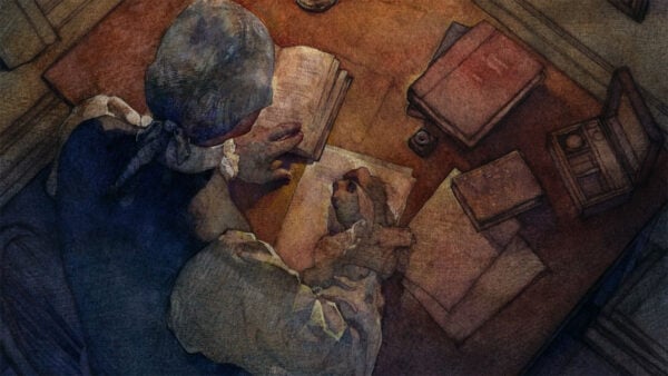 A person in historical attire is writing with a quill at a wooden desk, surrounded by books and papers.