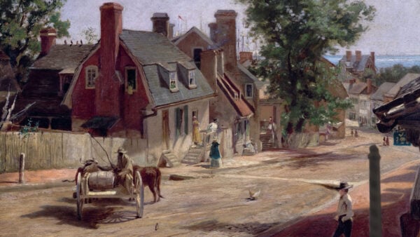 A painting depicting a street scene featuring a horse-drawn carriage amidst quaint buildings and trees.