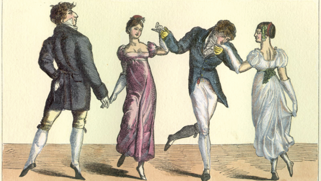 A drawing of people in gowns and suits, dancing