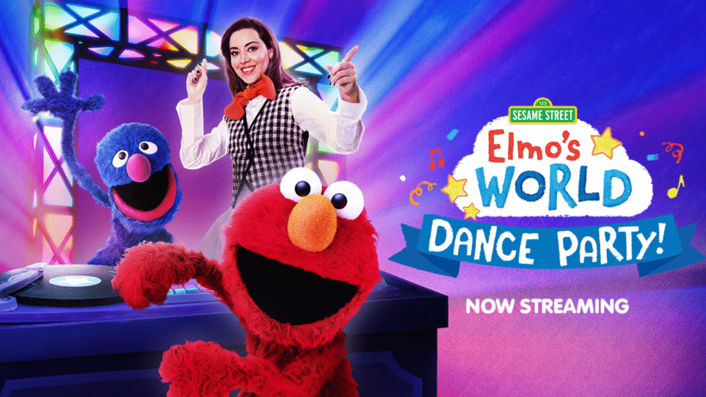 Elmo and friends dancing with actress Aubrey Plaza