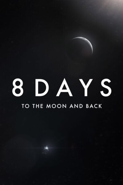 Poster for "8 Days to the Moon and Back" with a rocket and the moon in the distance