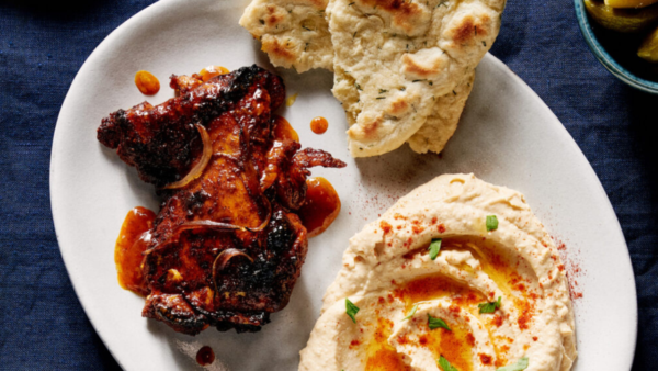 Baharat Chicken Thighs with Hummus and Flatbread