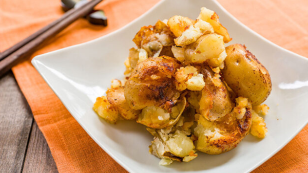 A recipe for Butter Soy Sauce Smashed Potatoes from PBS Foods