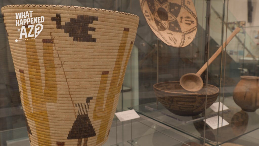 A basket and other items crafted by Indigenous people