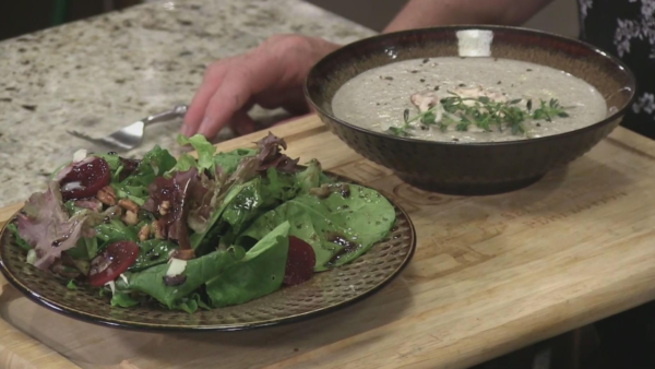 A prepared soup and salad