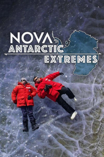 Poster for "NOVA: Antarctic Extremes" with two scientists in red puffy jackets laying down on a glacier