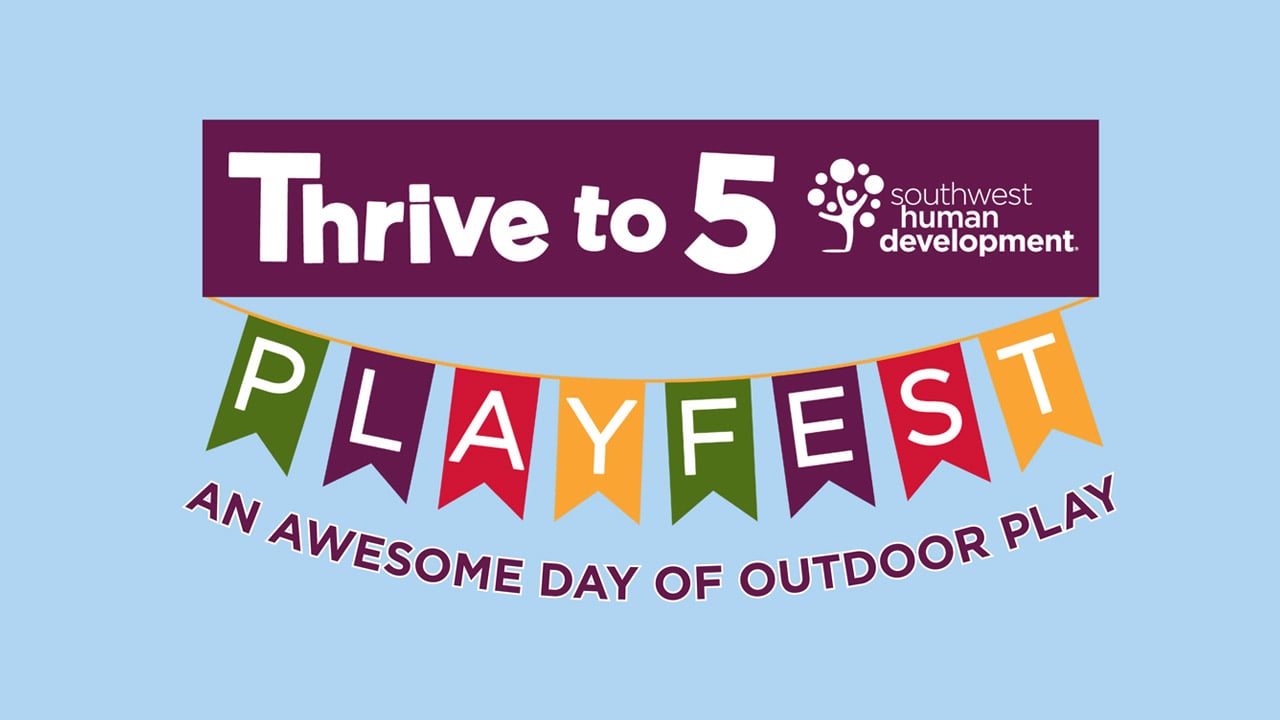 Logo for Thrive to 5 Playfest with a colorful pendant banner