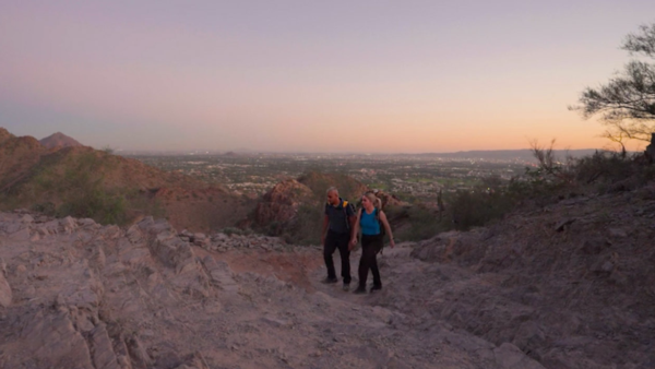 host Kristen Keogh hiking with a guest featured on episode 3 of trail mix'd
