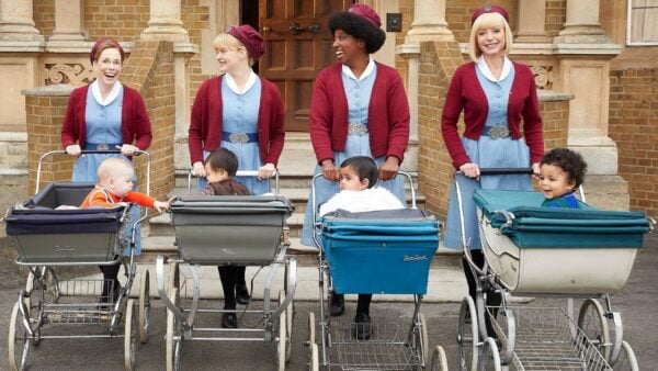 Call the Midwife characters pushing baby strollers