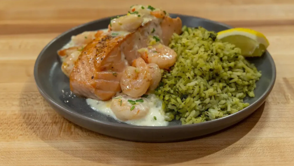 Salmon and Shrimp al Mojo de Ajo