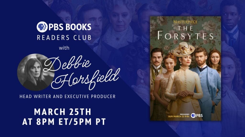PBS Books Readers Club graphic with The Forsytes book cover