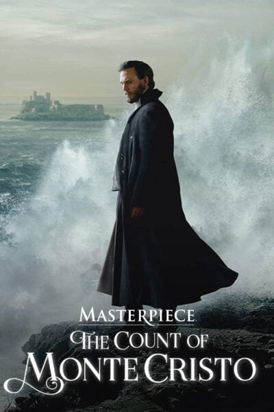 A poster of a man standing on a rocky shoreline and the words "The Count of Monte Cristo"