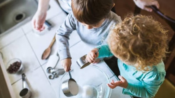 Kids practicing math in the kitchen