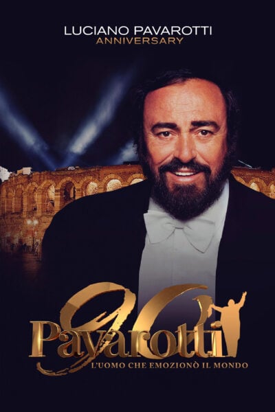 A poster with a photo of Luciano Pavarotti