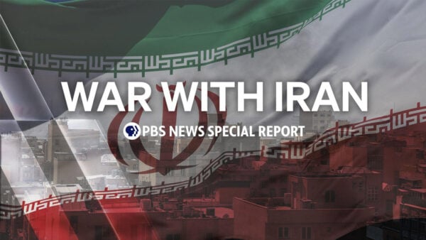 The Iranian flag with text reading: War with Iran: PBS News Special Report
