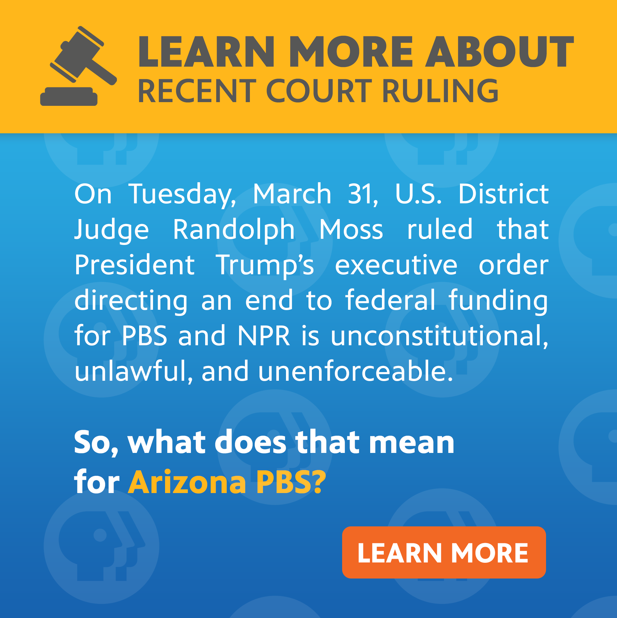 A graphic with text about the recent court ruling on PBS funding