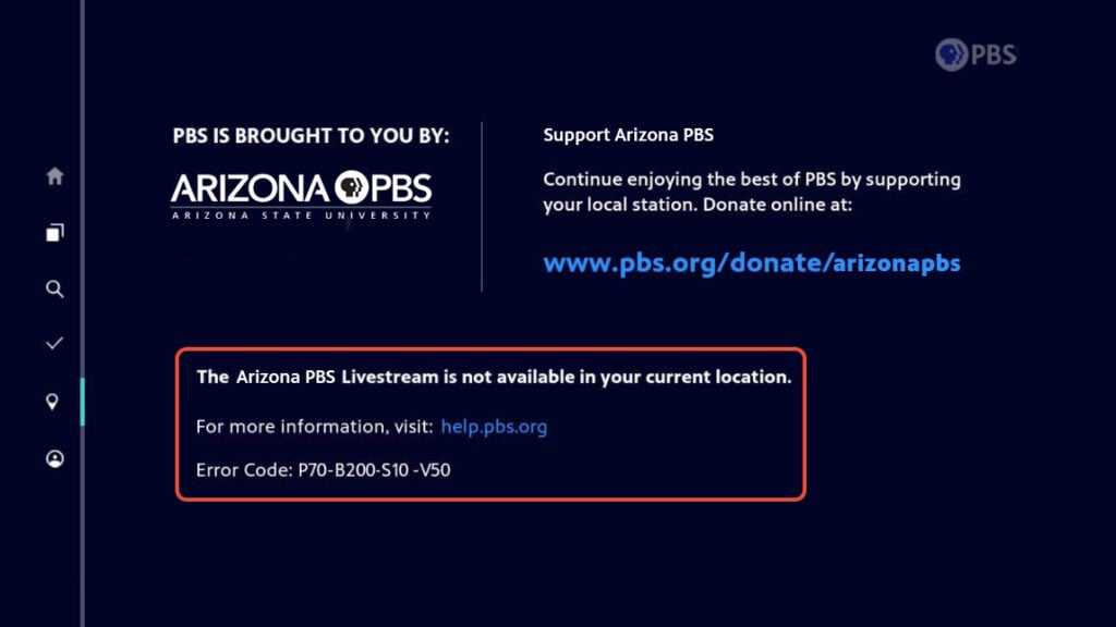 Graphic showing livestream error code that can pop up sometimes when attempting to watch the PBS App