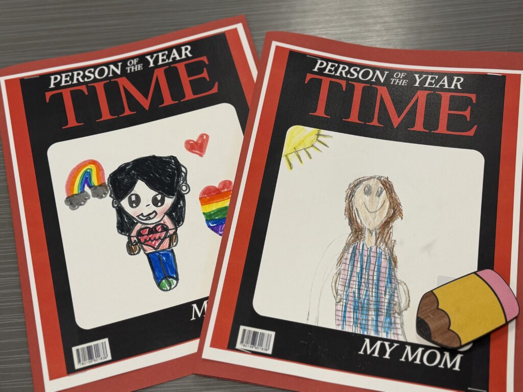 Two projects reading "Time Person of the Year," with drawings of mothers underneath