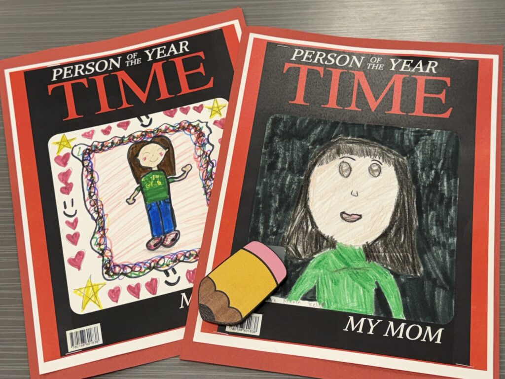 Two projects reading "Time Person of the Year," with drawings of mothers underneath