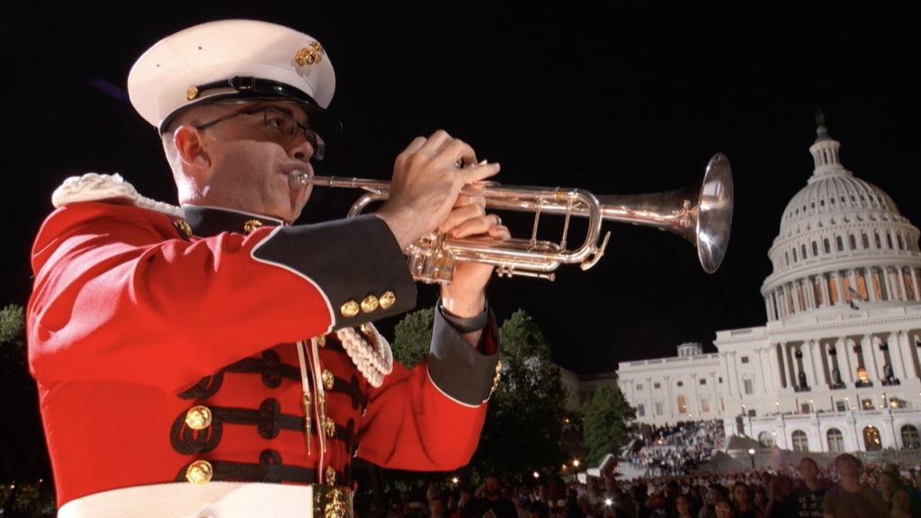 A solider playing an instrument