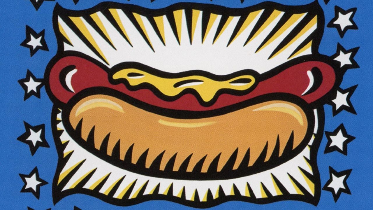 A cartoon image of a hot dog with mustard