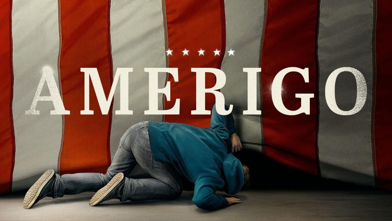A man looking under an American flag, with text reading Amerigo