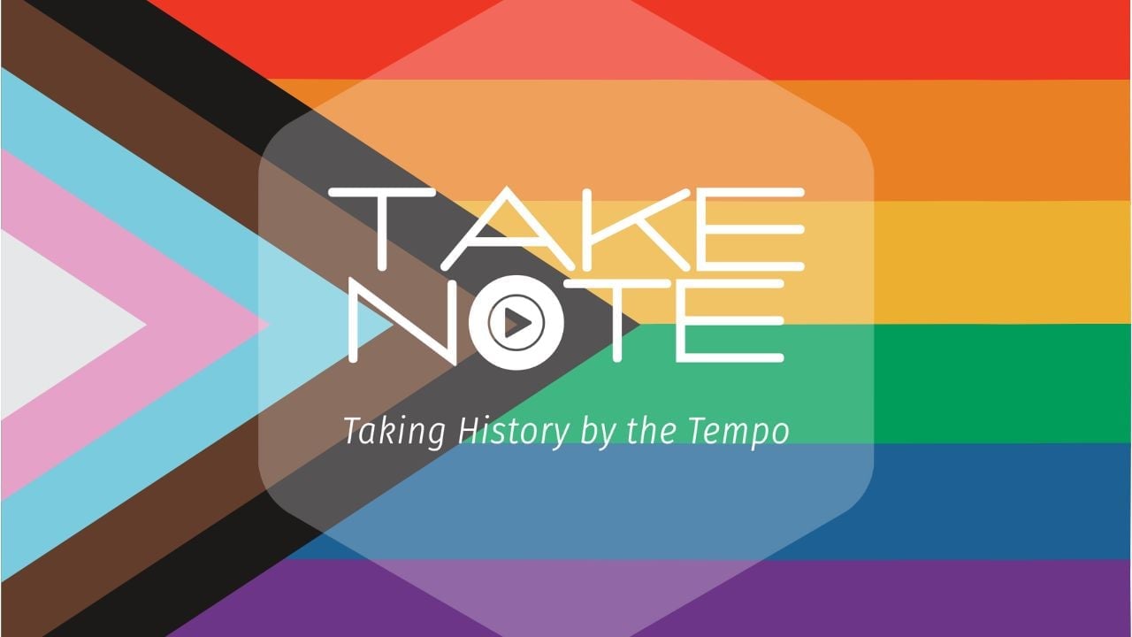 A pride flag with the logo from "Take Note"
