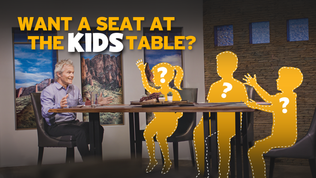 An illustration of kids sitting at a dining table with Chef Mark Tarbell