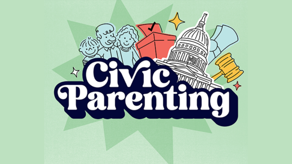 Graphic of the civic parenting logo with a smiling family and the U.S. Capitol building