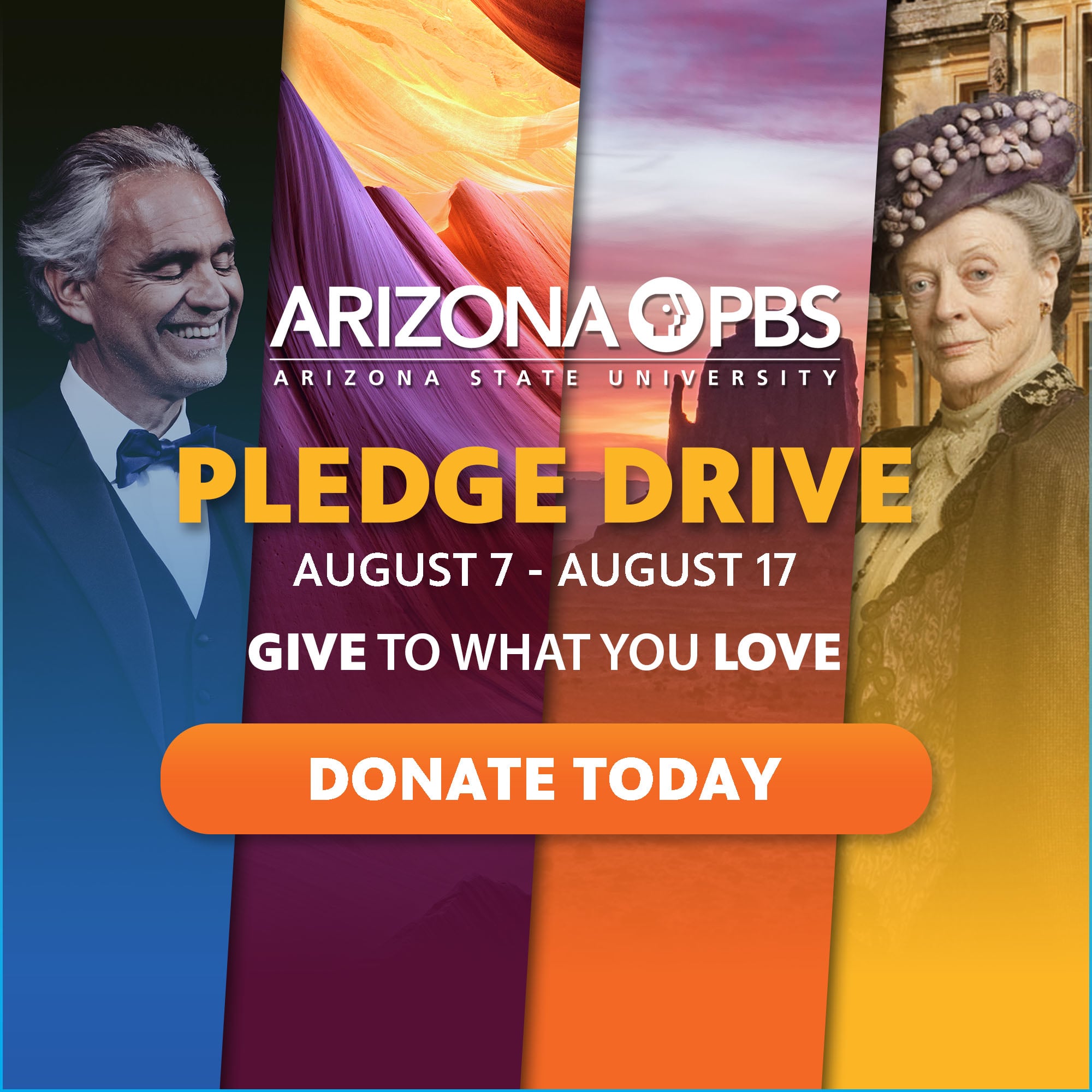 A graphic with text reading: Arizona PBS Pledge Drive; Donate Today