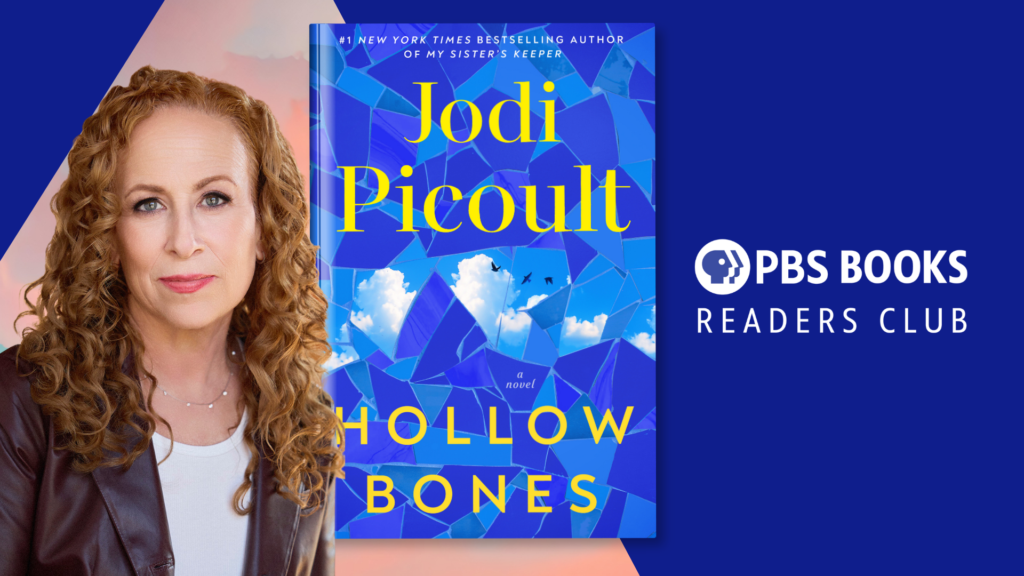 Jodi Picoult with her book cover for “The Hollow Bones”