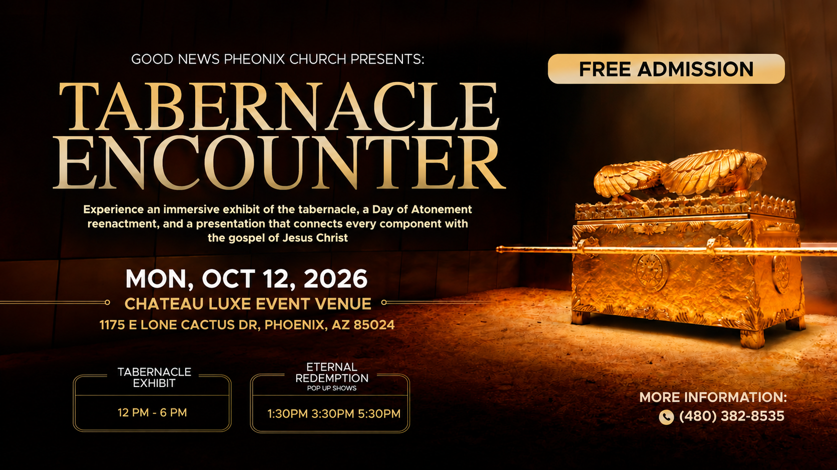 The Ark of the Covenant with text reading: Tabernacle Encounter and more details about their upcoming event