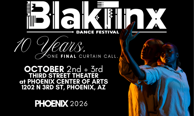 Two dancers pose on stage with text reading: BlakTinx Dance Festival