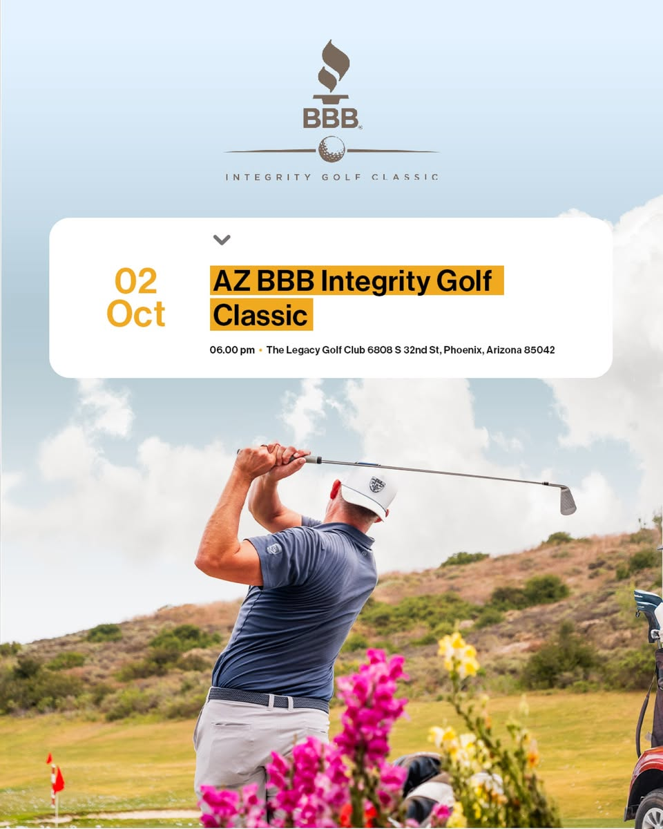 A man swings a golf club on a beautiful course with text reading: AZ BBB Integrity Golf Classic