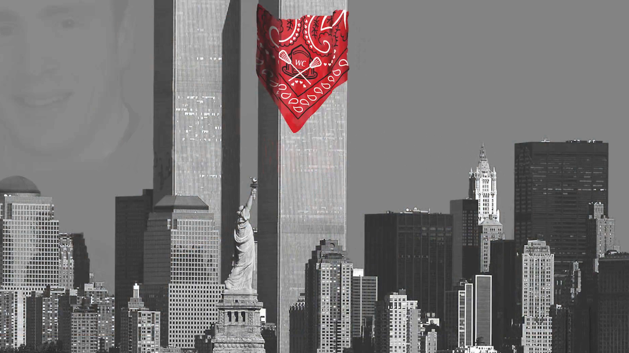 The twin towers with a red bandana around it