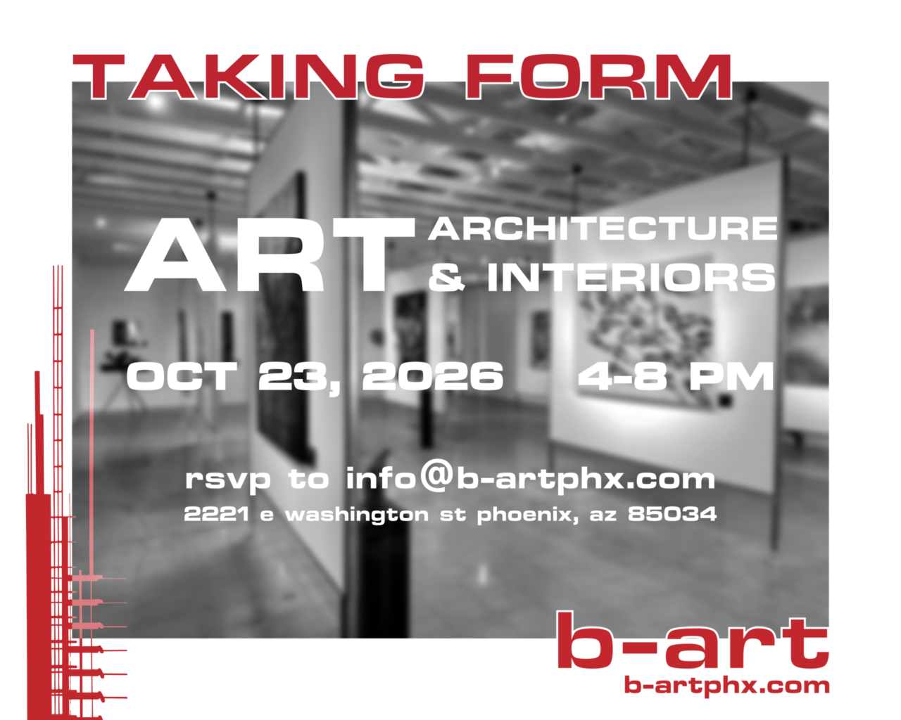An art gallery with text reading: Taking Form Art, Architecture and Interiors